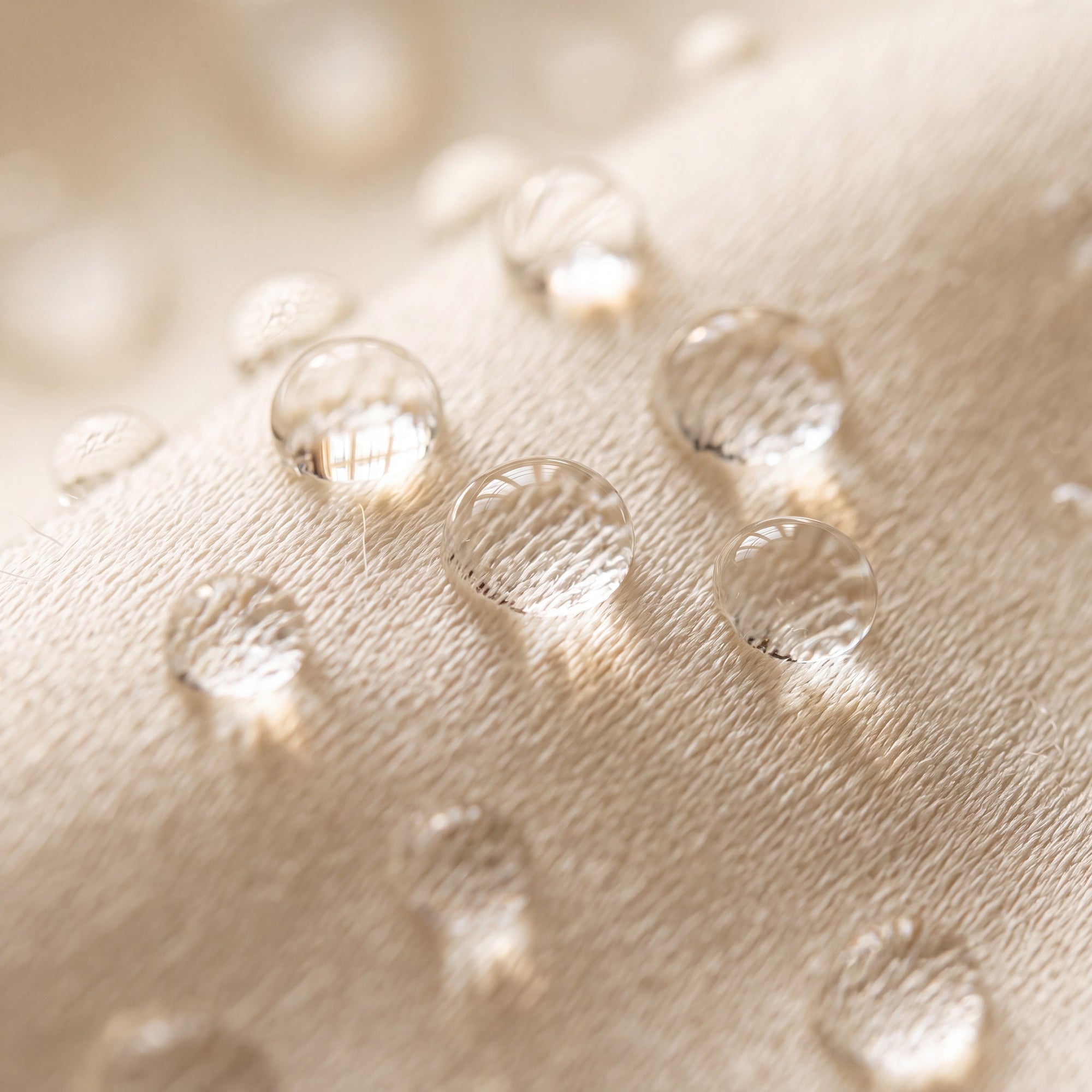 Water droplets beading on smooth ivory mulberry silk, showing its hydrophobic surface