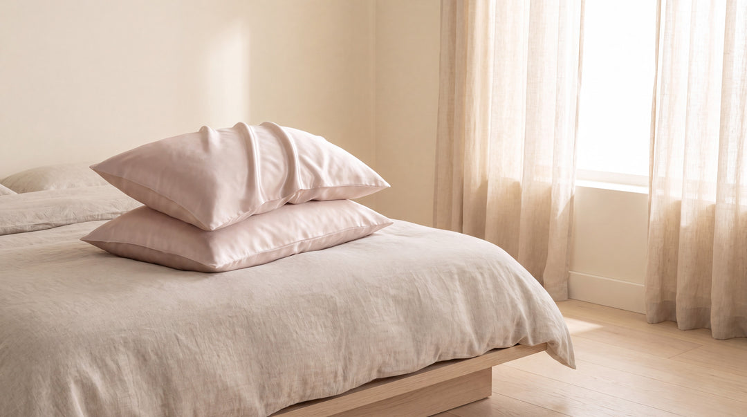 Two Dune silk pillowcases stacked on a linen dressed bed beside sheer curtains in morning light