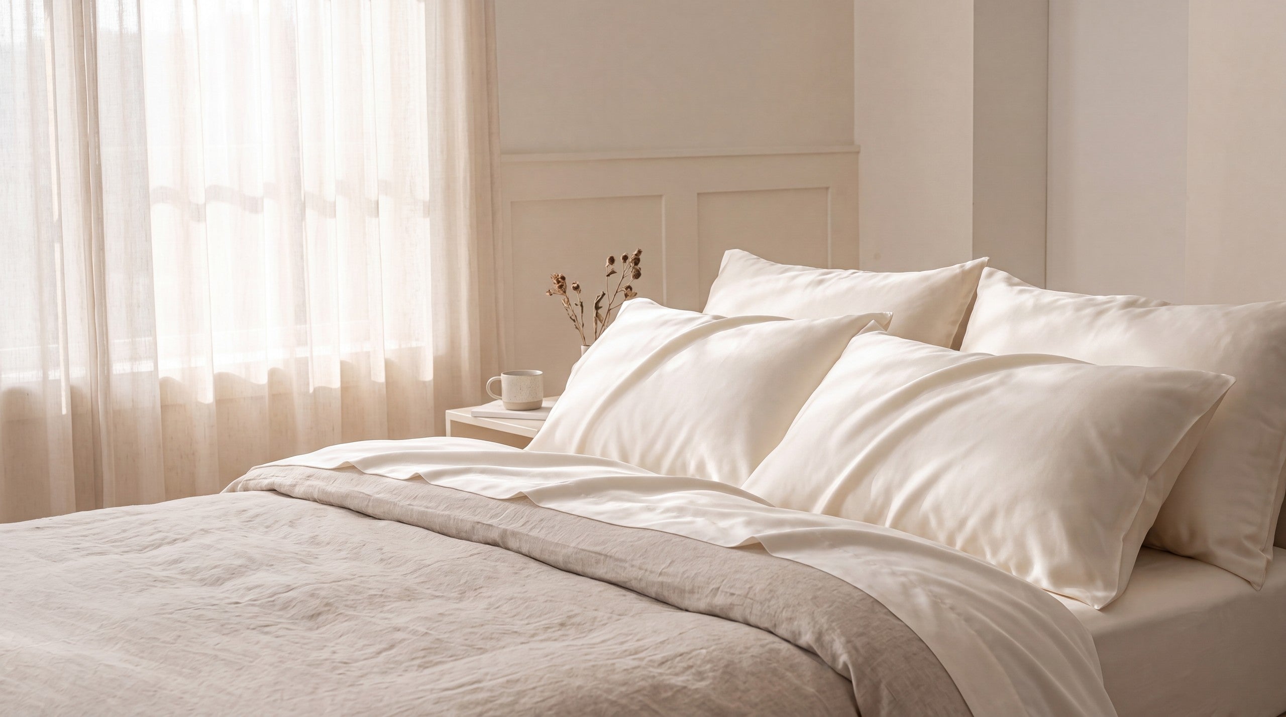 A bed dressed in warm ivory mulberry silk pillowcases in soft morning light