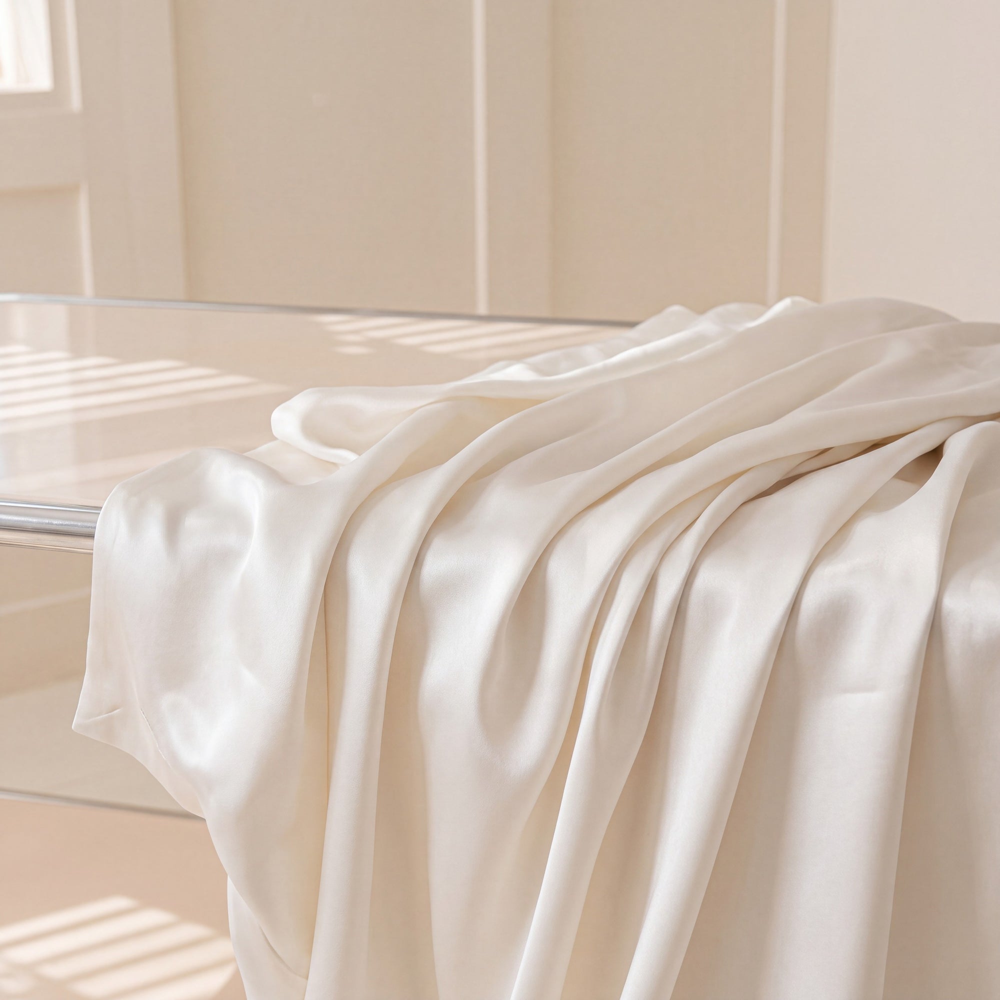 Warm ivory mulberry silk draped in raking morning light, showing weight and liquid sheen