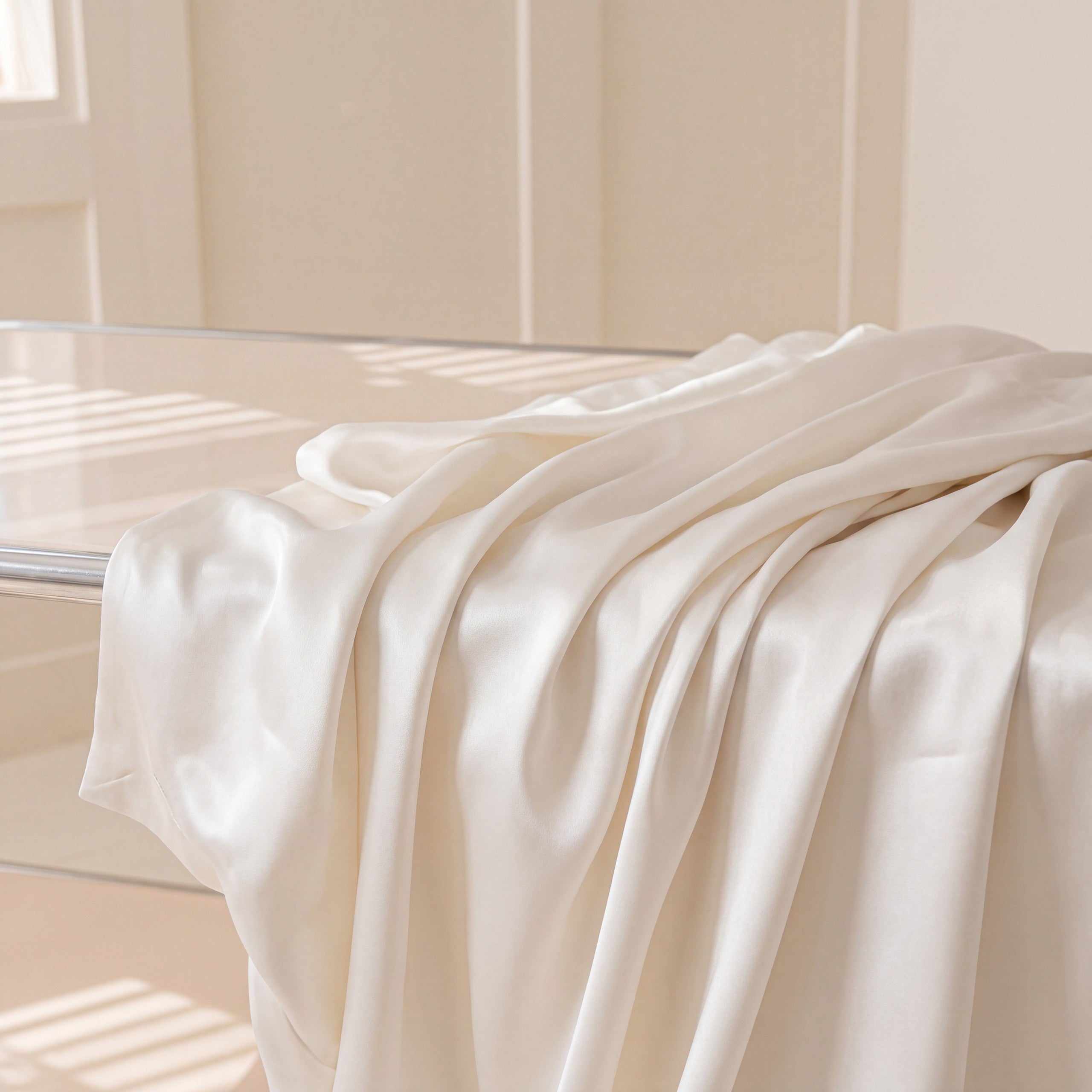 Warm ivory mulberry silk draped in raking morning light, showing weight and liquid sheen